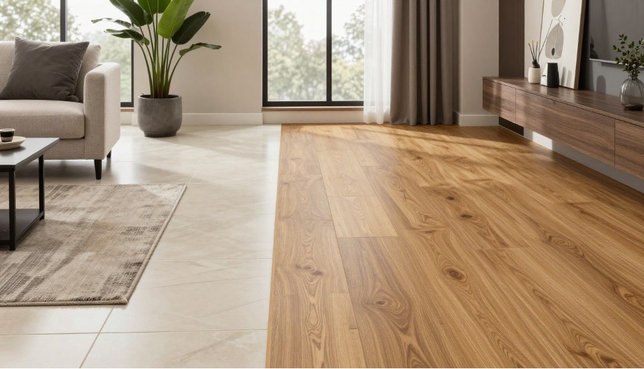 Các mẫu sàn nhựa giả gỗ nhiều tông màu và gạch lát nền đặt cạnh nhau để chủ nhà so sánh lựa chọn cùng M16 Home.