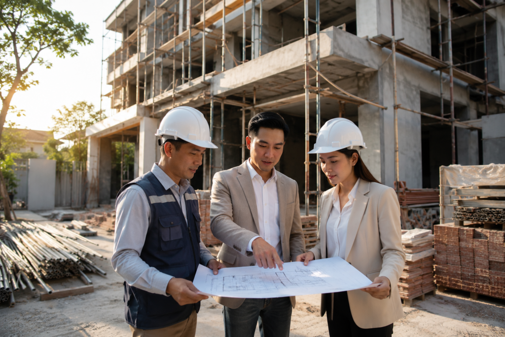 Hình ảnh ba nhân sự ngành xây dựng (gồm một kỹ sư mặc bảo hộ và hai quản lý/kiến trúc sư mặc vest) đang tập trung xem xét, thảo luận bản vẽ kỹ thuật trên nền bối cảnh tòa nhà đang thi công phần thô.