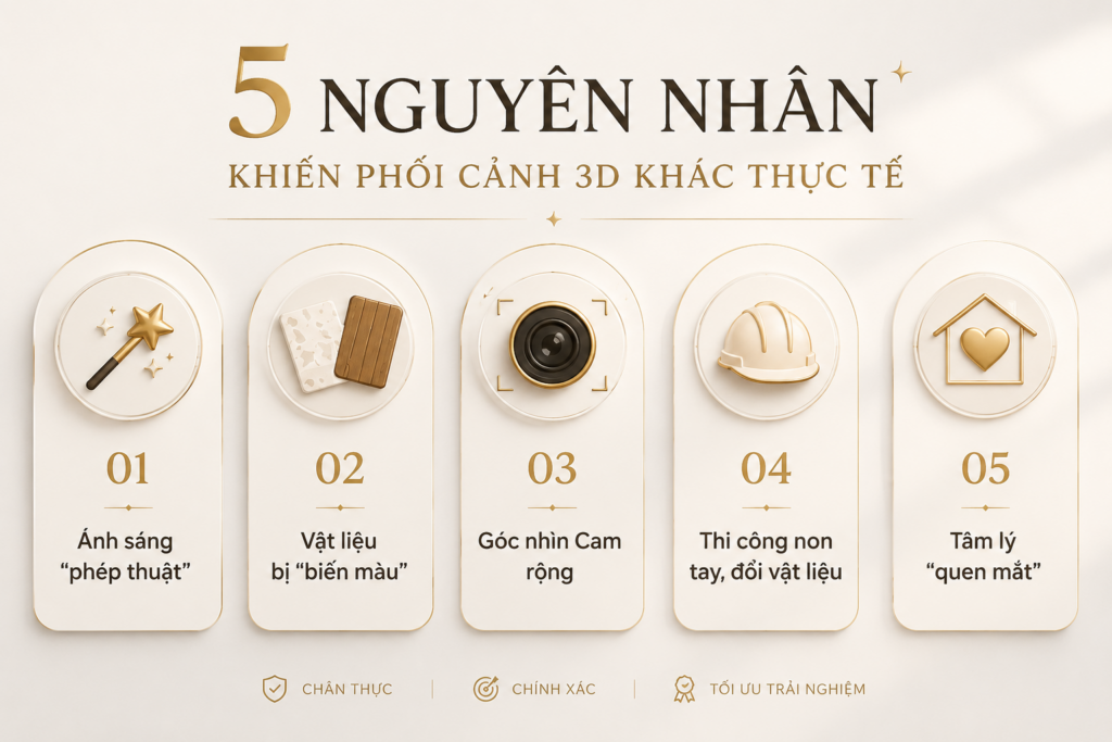 5 nguyên nhân chính khiến bản vẽ phối cảnh 3D nội thất khác biệt so với thực tế thi công