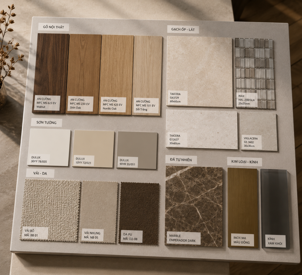 Bảng Moodboard mẫu vật liệu nội thất thực tế gồm gỗ An Cường, sơn Dulux và đá Taicera để đối chiếu bản vẽ 3D
