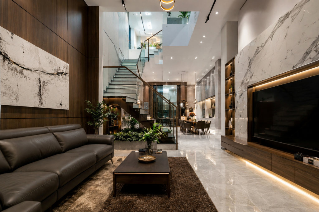 Thiết kế phòng khách thông tầng sang trọng cho biệt thự vườn hiện đại với vách đá marble và hệ thống cây xanh.