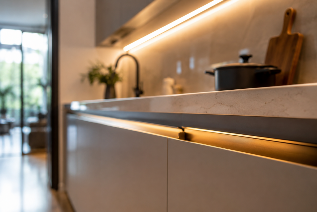 Cận cảnh hệ tủ bếp hiện đại với đèn LED âm tủ và mặt đá bếp cao cấp do M16Home thi công hoàn thiện.