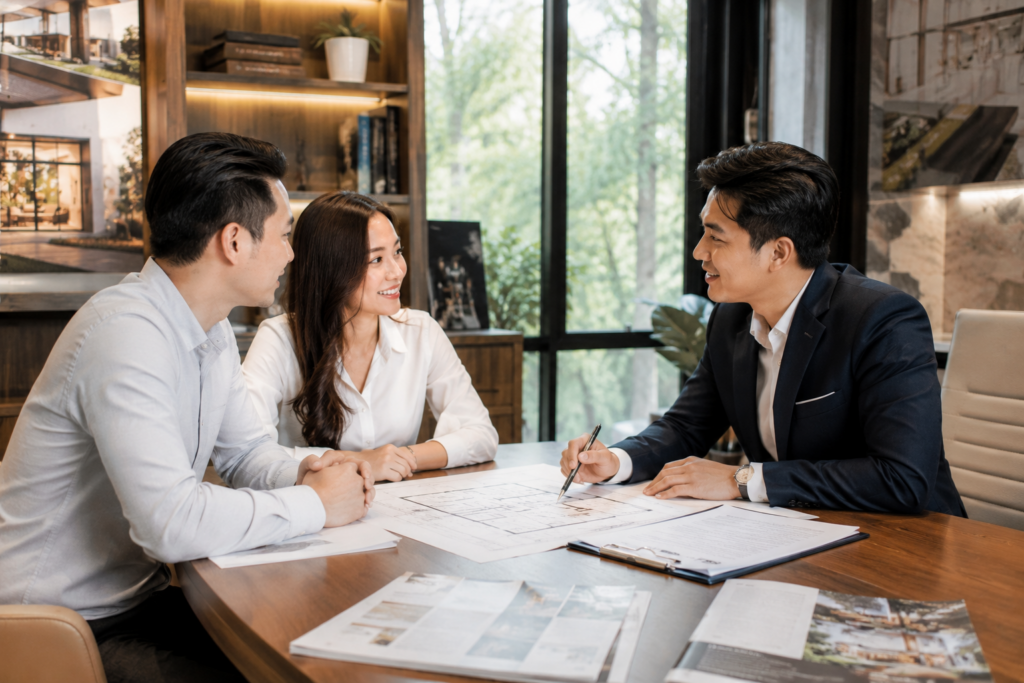 Chủ đầu tư trao đổi với nhà thầu xây dựng về phương án thiết kế, chi phí và các điều khoản trước khi ký hợp đồng thi công nhà ở.