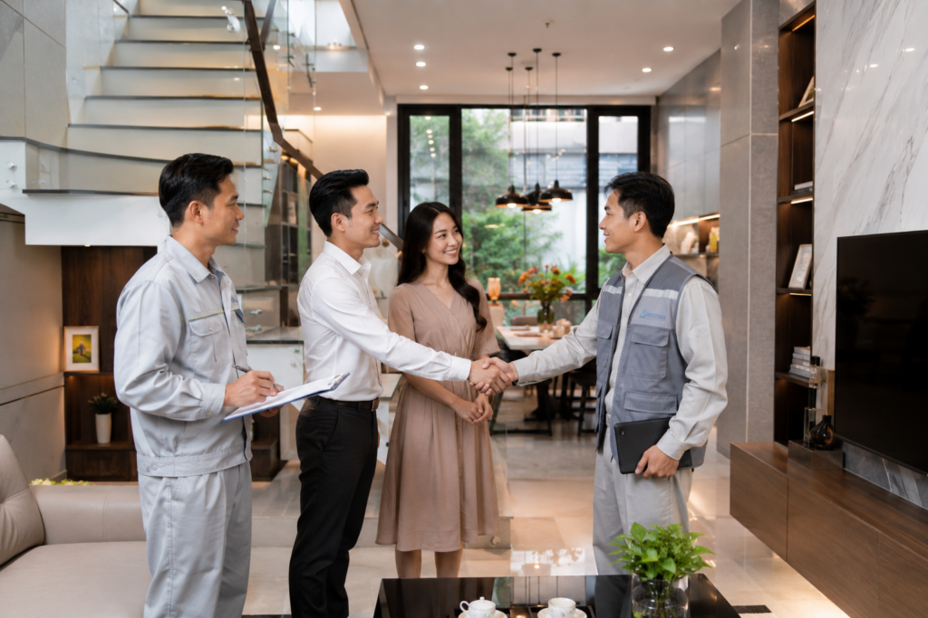 Chủ đầu tư bắt tay đại diện nhà thầu xây dựng trong buổi trao đổi trước khi ký hợp đồng thi công nhà ở.