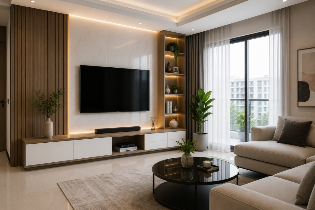 Thiết kế nội thất phòng khách hiện đại tối ưu chi phí với hệ kệ tivi gỗ công nghiệp tinh tế do M16 Home thực hiện.