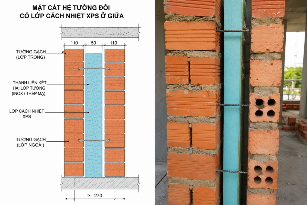 Sơ đồ kỹ thuật mặt cắt hệ tường đôi 220mm kết hợp lớp xốp cách nhiệt XPS ở giữa để chống nóng nhà ở.
