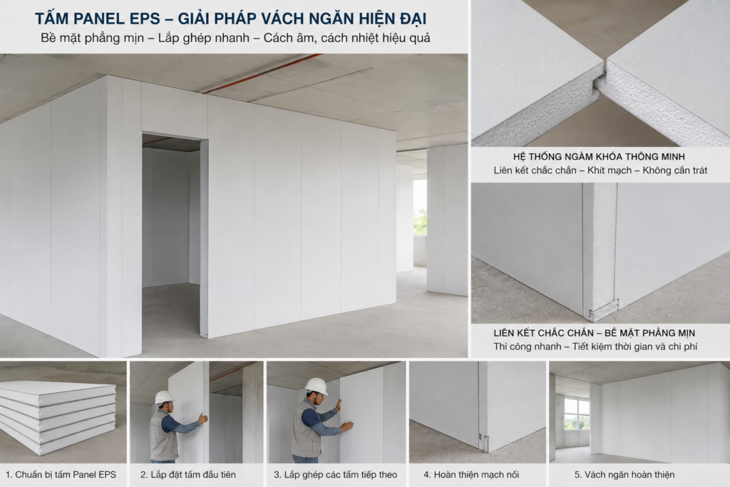Các bước thi công lắp ghép vách ngăn panel EPS cách nhiệt thông minh bằng ngàm khóa âm dương.