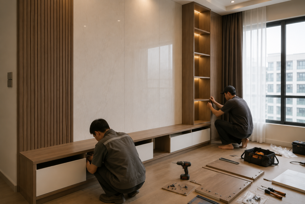 Đội ngũ thợ thi công của M16 Home đang lắp đặt hệ tủ kệ tivi gỗ công nghiệp trực tiếp tại căn hộ.