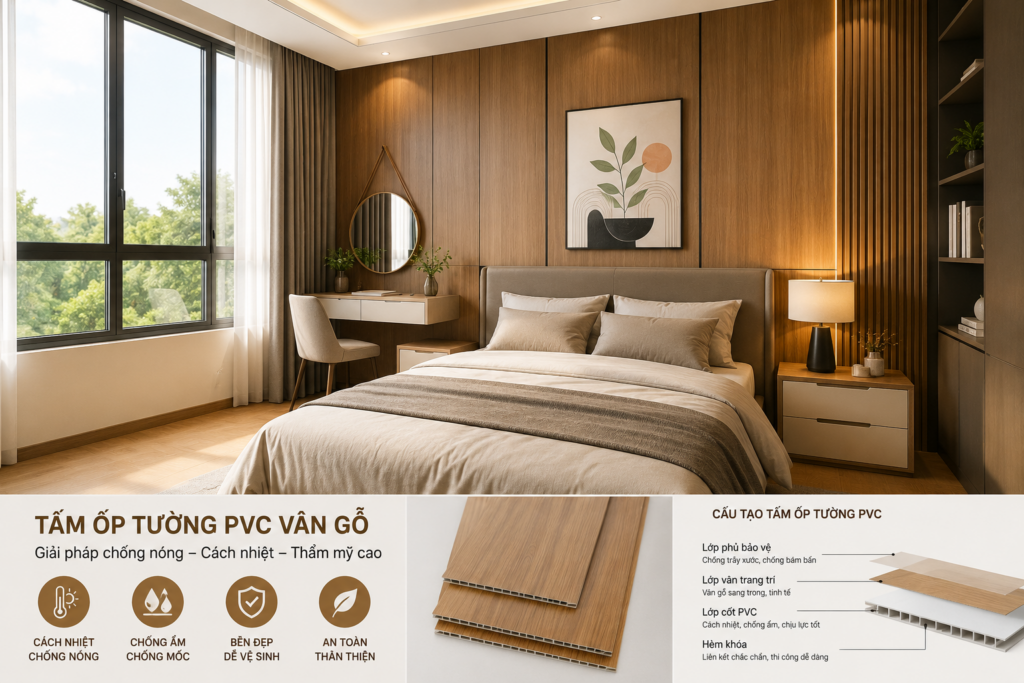 Cấu tạo các lớp của tấm ốp tường nhựa PVC vân gỗ kết hợp không gian phòng ngủ ấm cúng do M16 Home thiết kế.