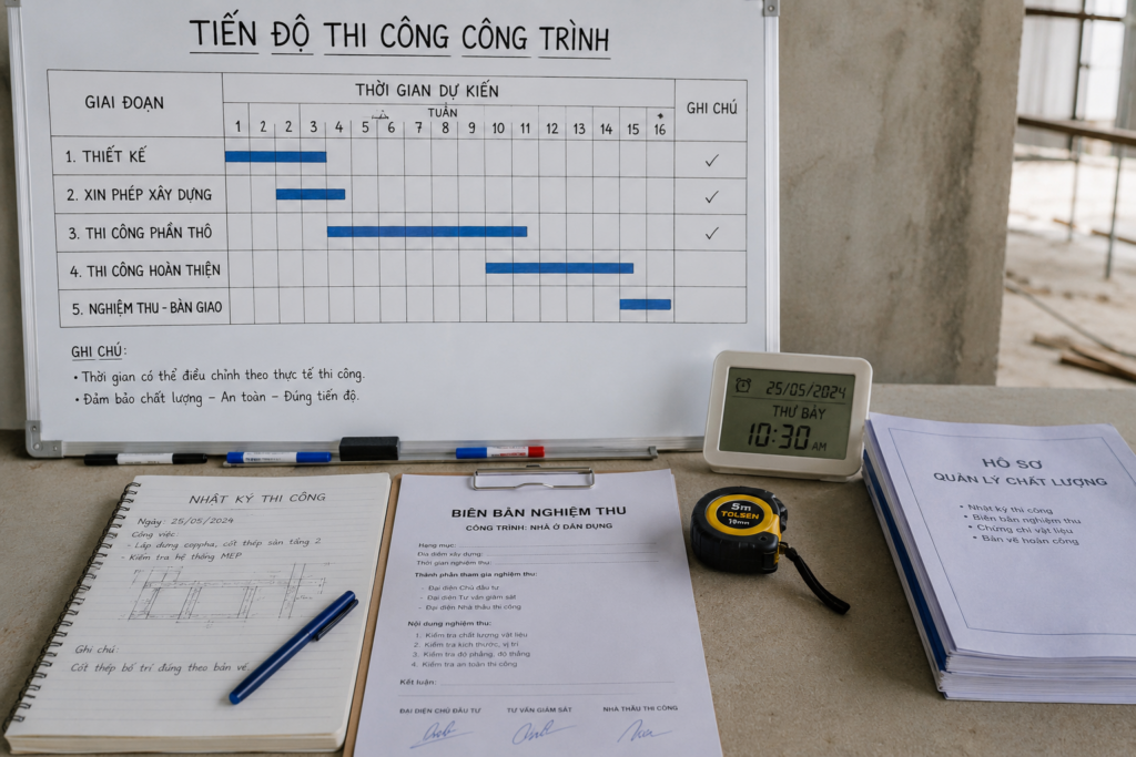 Bảng Tiến Độ Thi Bảng tiến độ thi công, nhật ký thi công và biên bản nghiệm thu công trình được sử dụng để quản lý thời gian xây dựng.