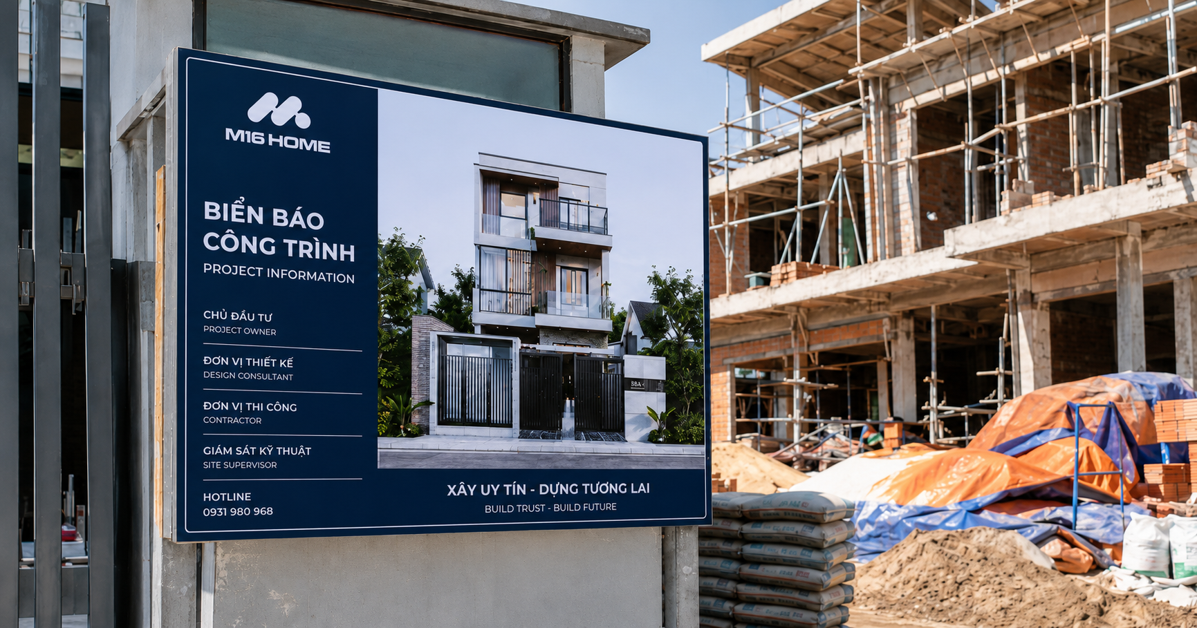 Biển báo công trình M16 Home được lắp đặt tại cổng công trường xây dựng nhà ở riêng lẻ.
