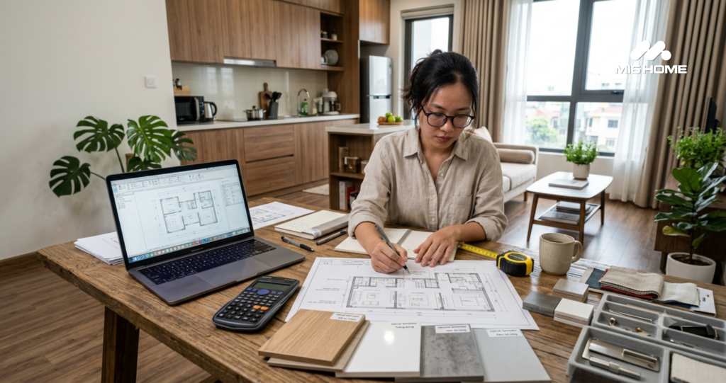 Nữ kiến trúc sư lập dự toán và lựa chọn vật liệu để tối ưu chi phí thiết kế, thi công nội thất tại M16 Home.