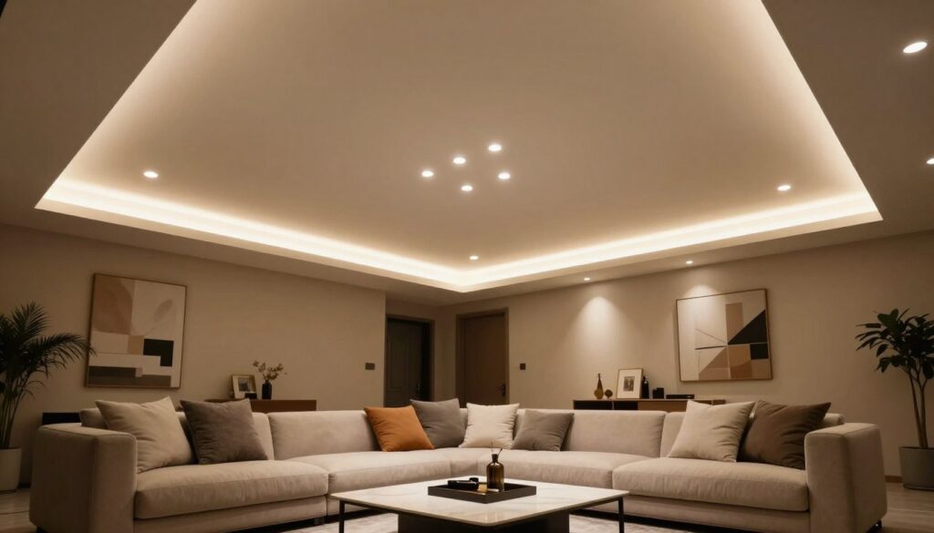 Phòng khách hiện đại bố trí đèn LED âm trần kết hợp đèn hắt trần ánh sáng vàng ấm