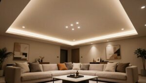 Phòng khách hiện đại bố trí đèn LED âm trần kết hợp đèn hắt trần ánh sáng vàng ấm
