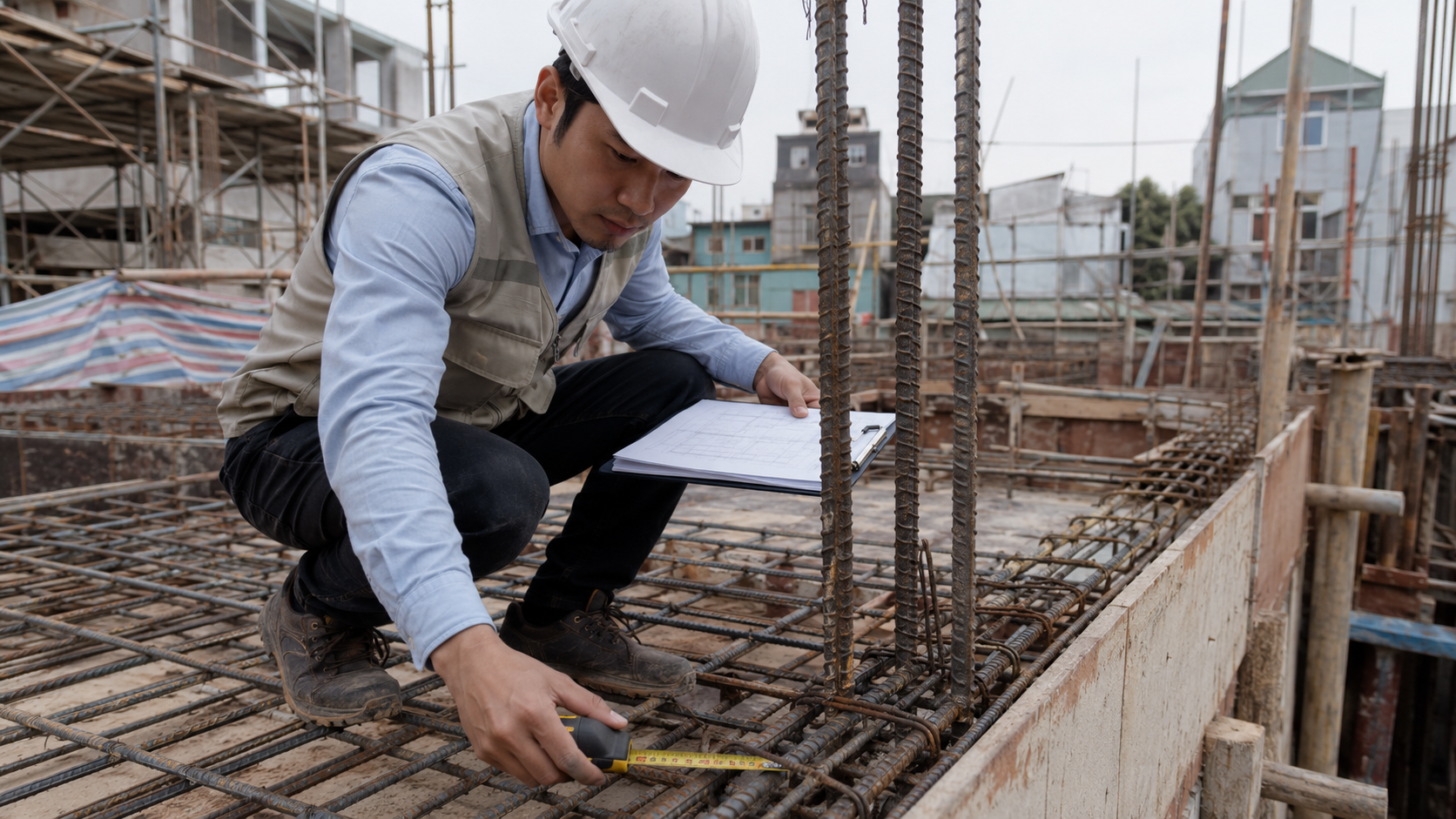 Kỹ sư giám sát thi công xây nhà kiểm tra khoảng cách thép sàn trước khi đổ bê tông