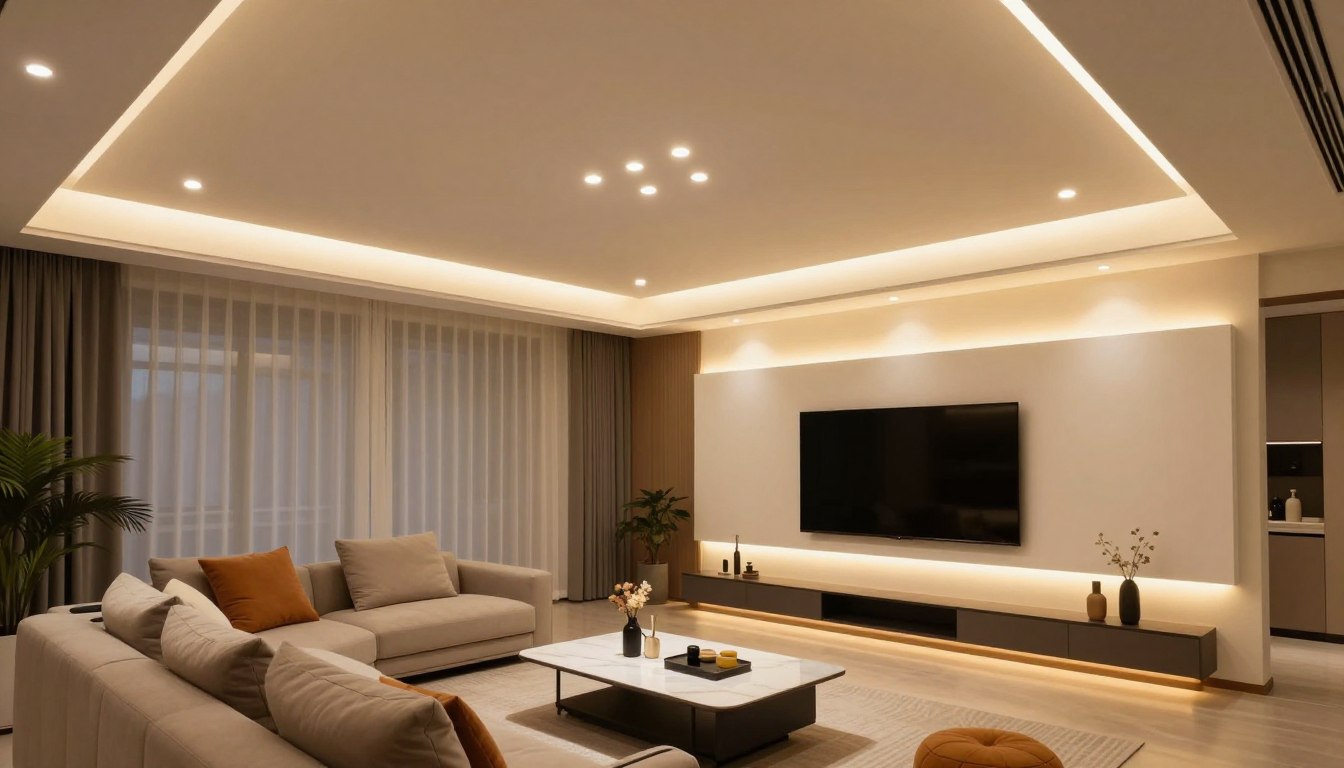 Phòng khách phân lớp ánh sáng bằng đèn LED âm trần, đèn hắt trần và đèn hắt vách tivi
