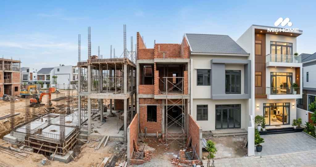 Các giai đoạn xây nhà từ thi công móng, dựng khung, xây thô đến hoàn thiện công trình hiện đại.