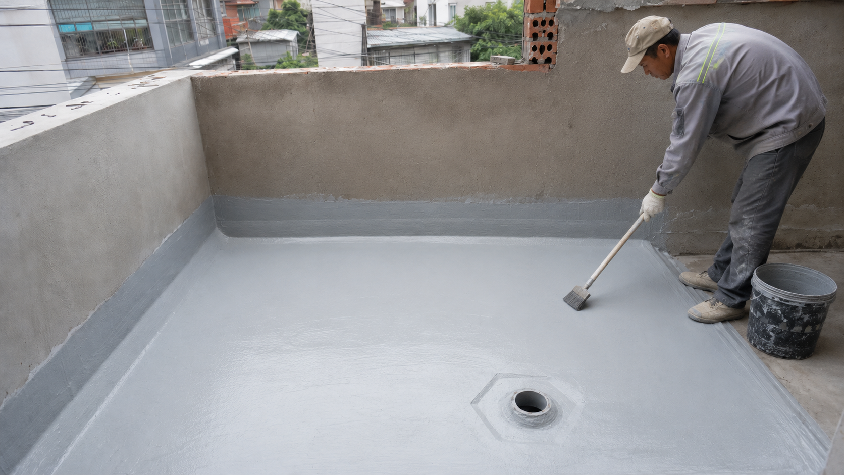 Công nhân thi công chống thấm ban công và xử lý cổ ống thoát nước tại nhà phố