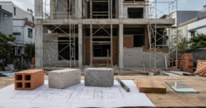 Các loại vật liệu xây nhà đặt trên bản vẽ trước công trình nhà ở Việt Nam