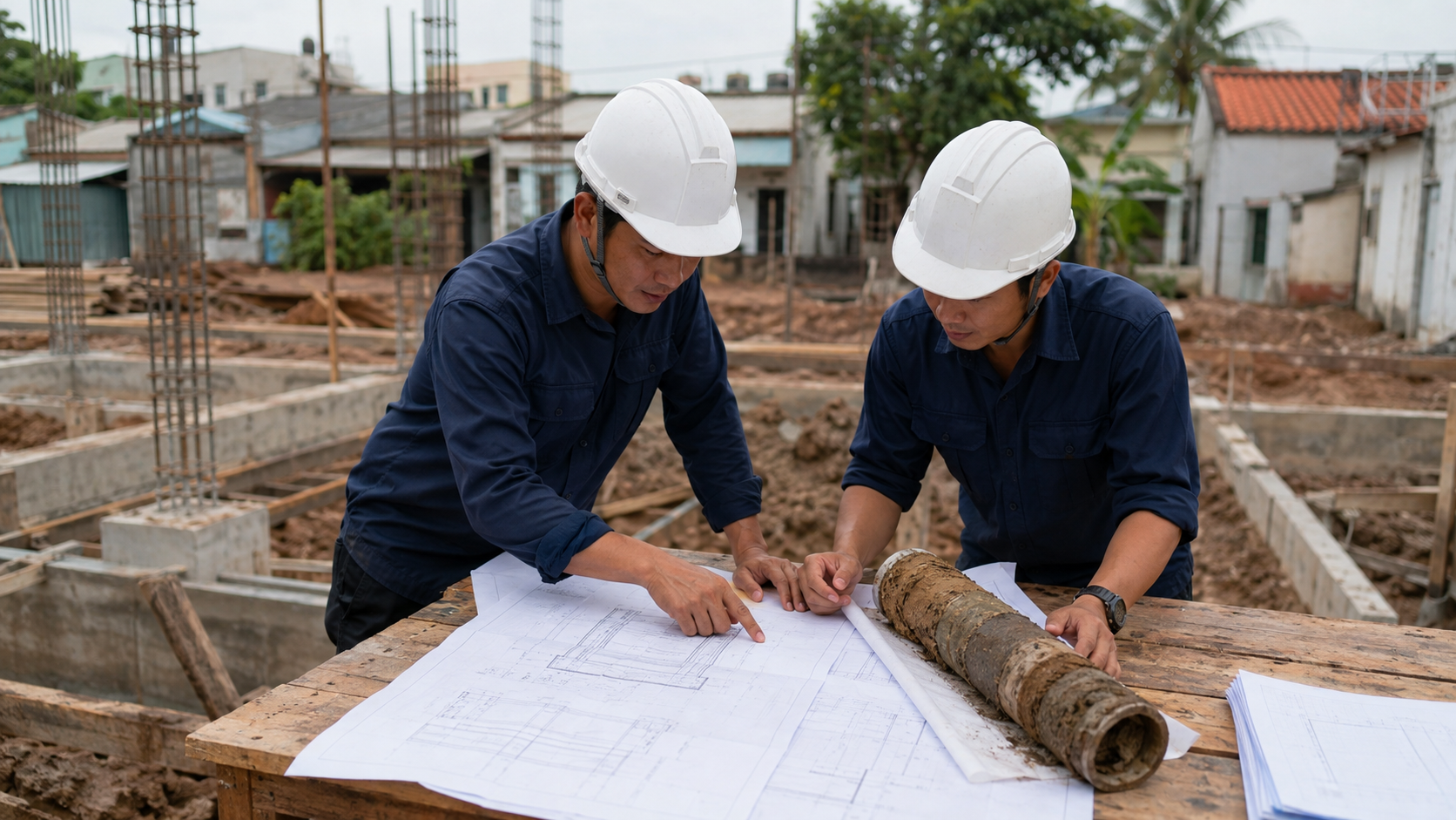 Kỹ sư đối chiếu bản vẽ móng với mẫu đất tại công trường