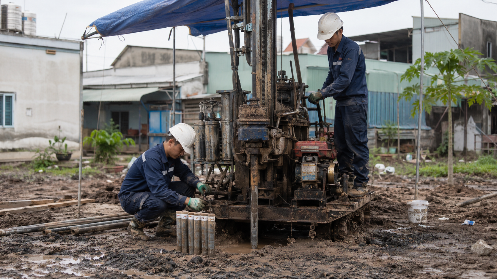 Khoan khảo sát địa chất cho móng nhà Cần Giờ trên nền đất yếu
