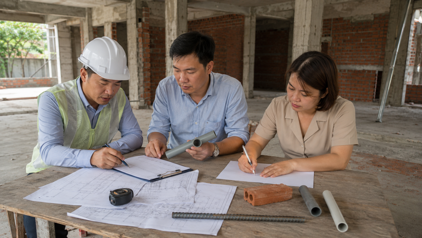Gia chủ và kỹ sư kiểm tra hợp đồng xây dựng phần thô