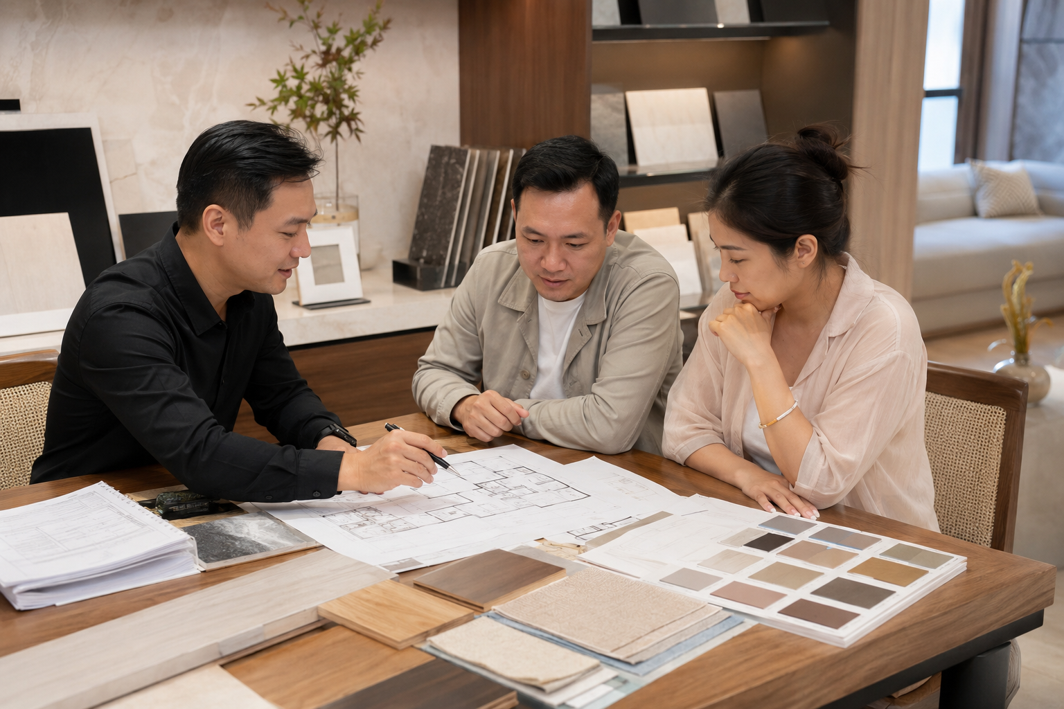 Kiến trúc sư tư vấn thiết kế nội thất và vật liệu cho gia chủ