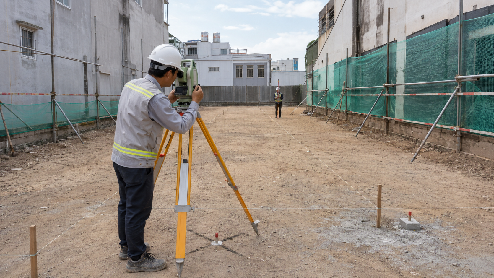 Kỹ sư định vị tim trục trước khi xây phần thô