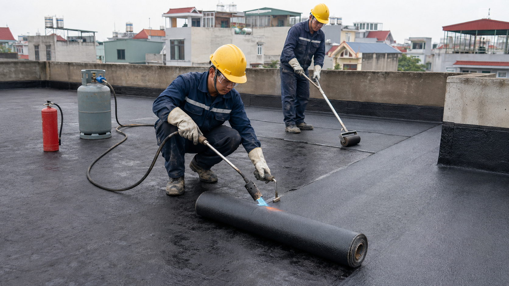 Thợ thi công màng bitum chống thấm sân thượng