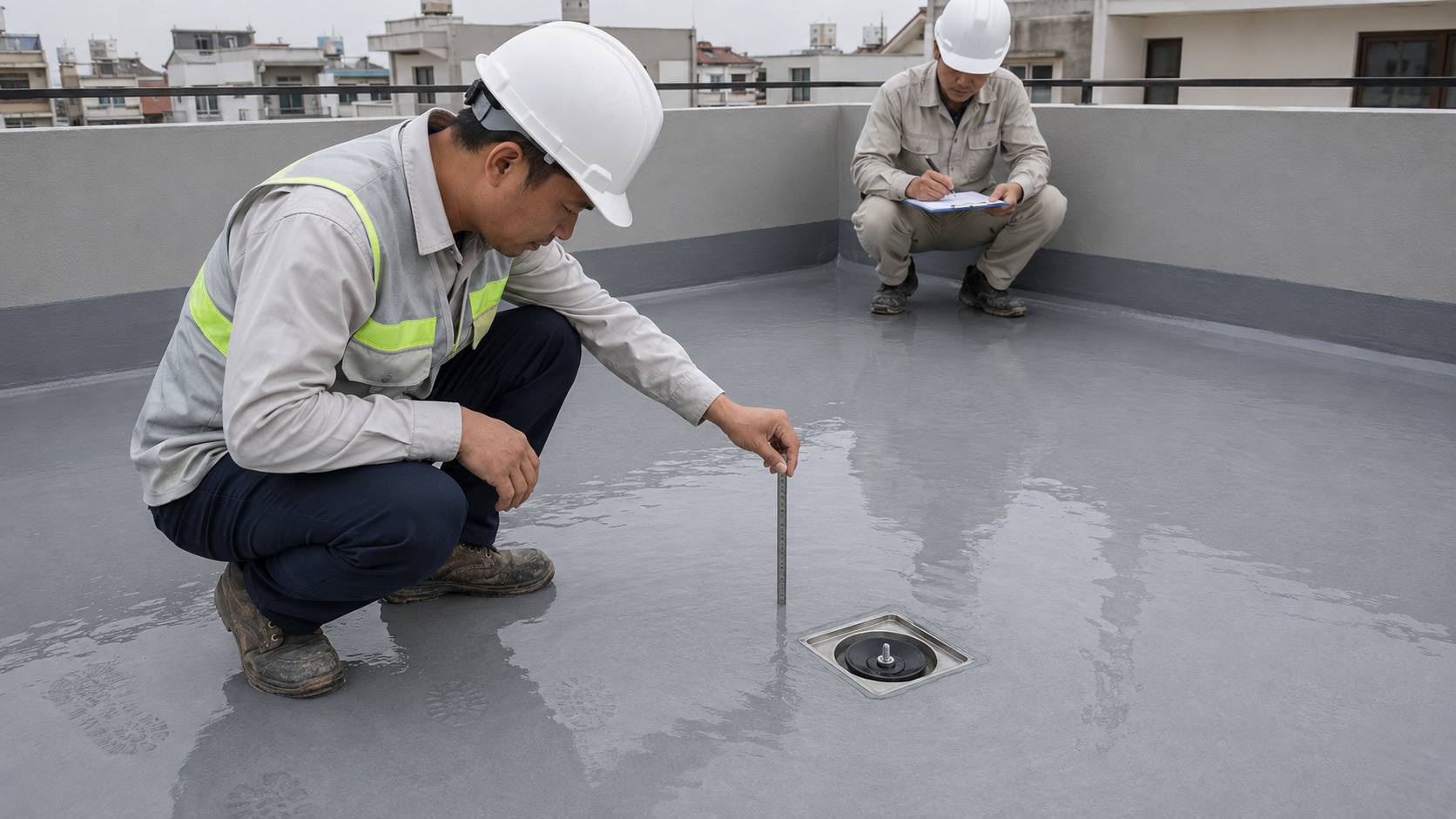 Ngâm thử nước kiểm tra lớp chống thấm sân thượng