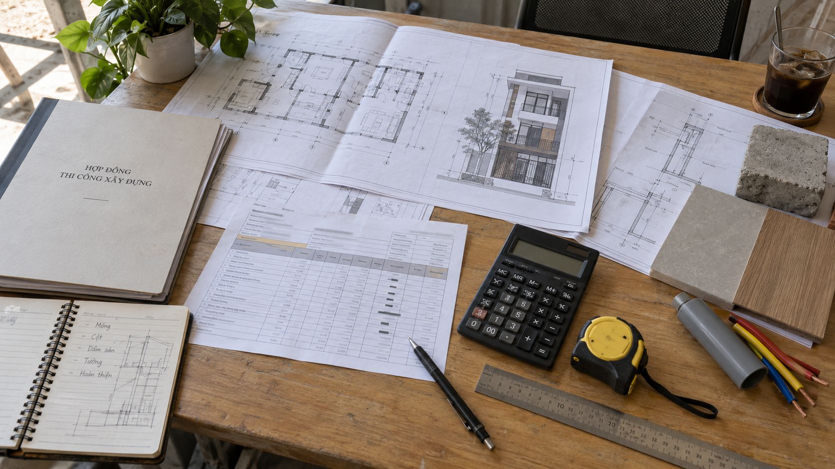 Dự toán và hợp đồng thi công xây dựng được đối chiếu cùng mẫu vật liệu