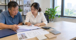 Gia chủ và đơn vị thi công rà soát hợp đồng xây nhà trọn gói trước khi ký