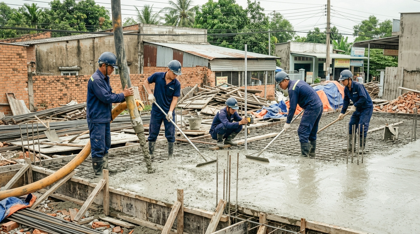 Công nhân thi công bê tông sàn nhà ở trong quá trình xây nhà trọn gói