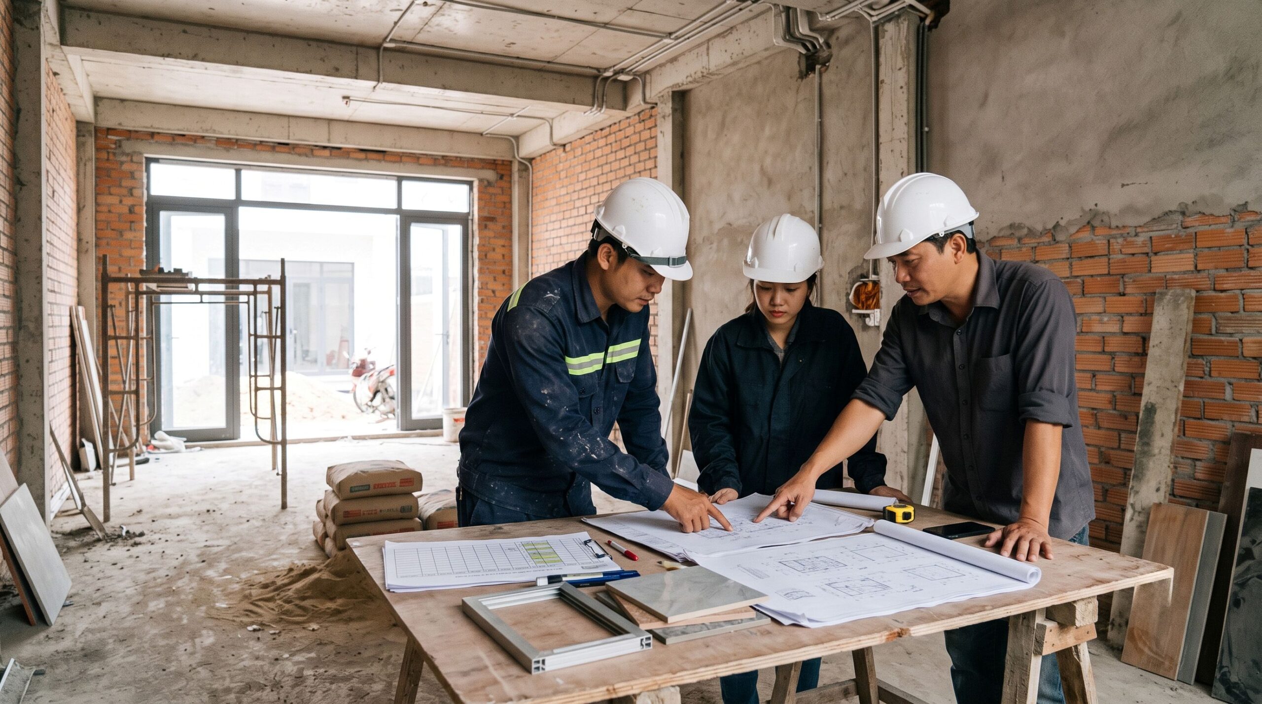 Kỹ sư lập tiến độ xây nhà kịp trước Tết tại công trường