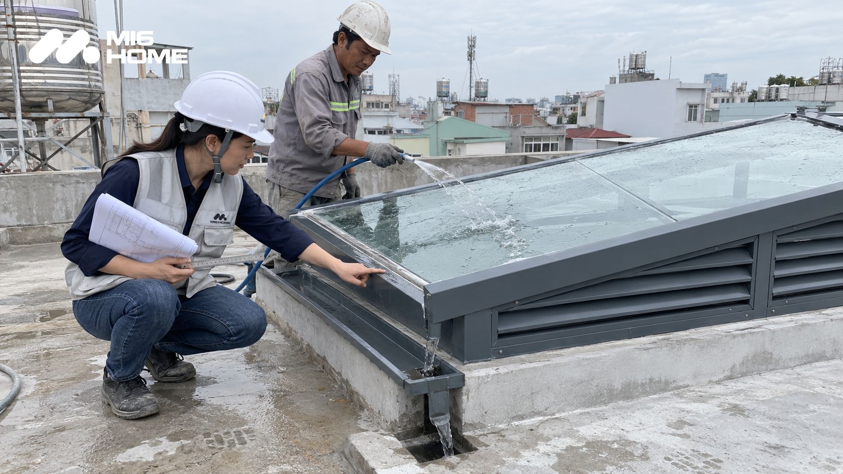 Mái kính giếng trời cầu thang nhà ống có khe thông gió