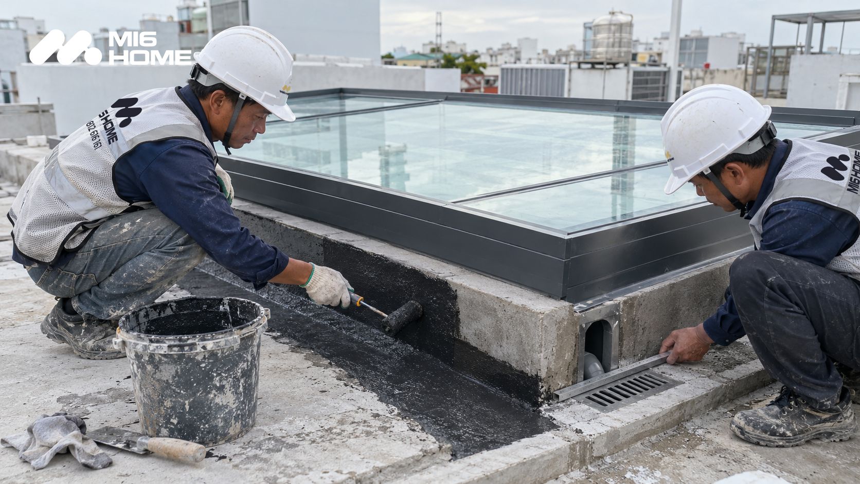 Thi công chống thấm mái giếng trời cầu thang nhà ống
