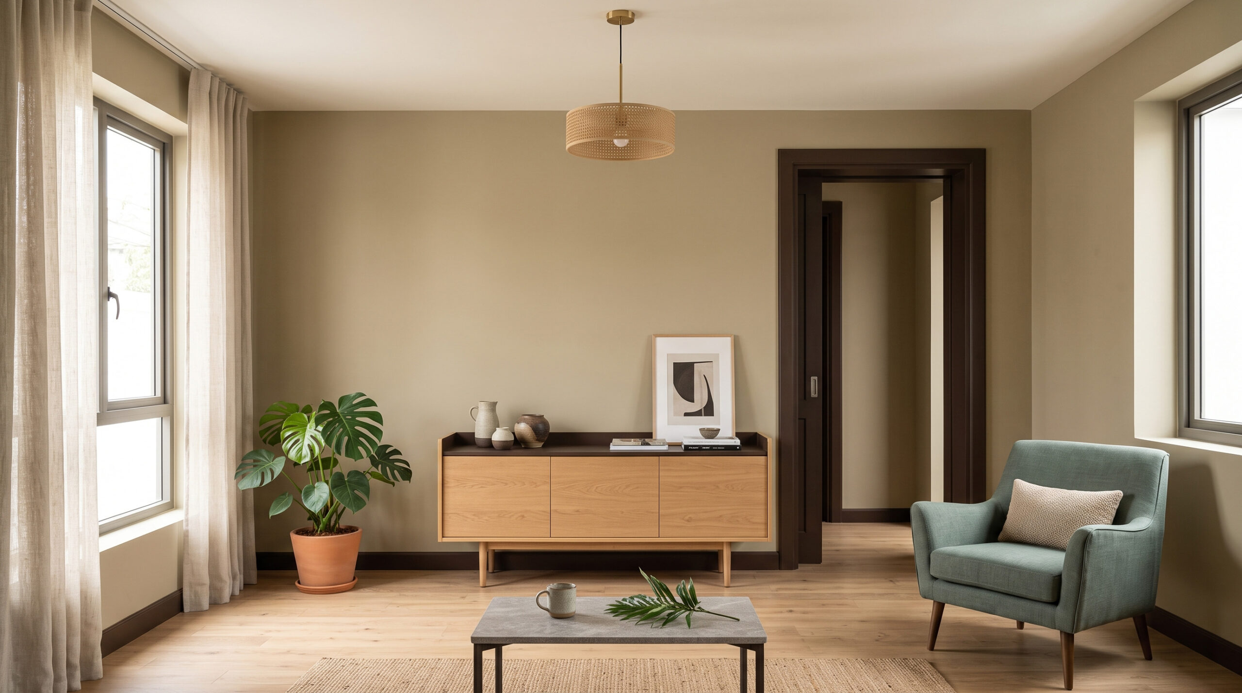 Xu hướng màu sơn nội thất 2026 với khaki nâu và xanh jade